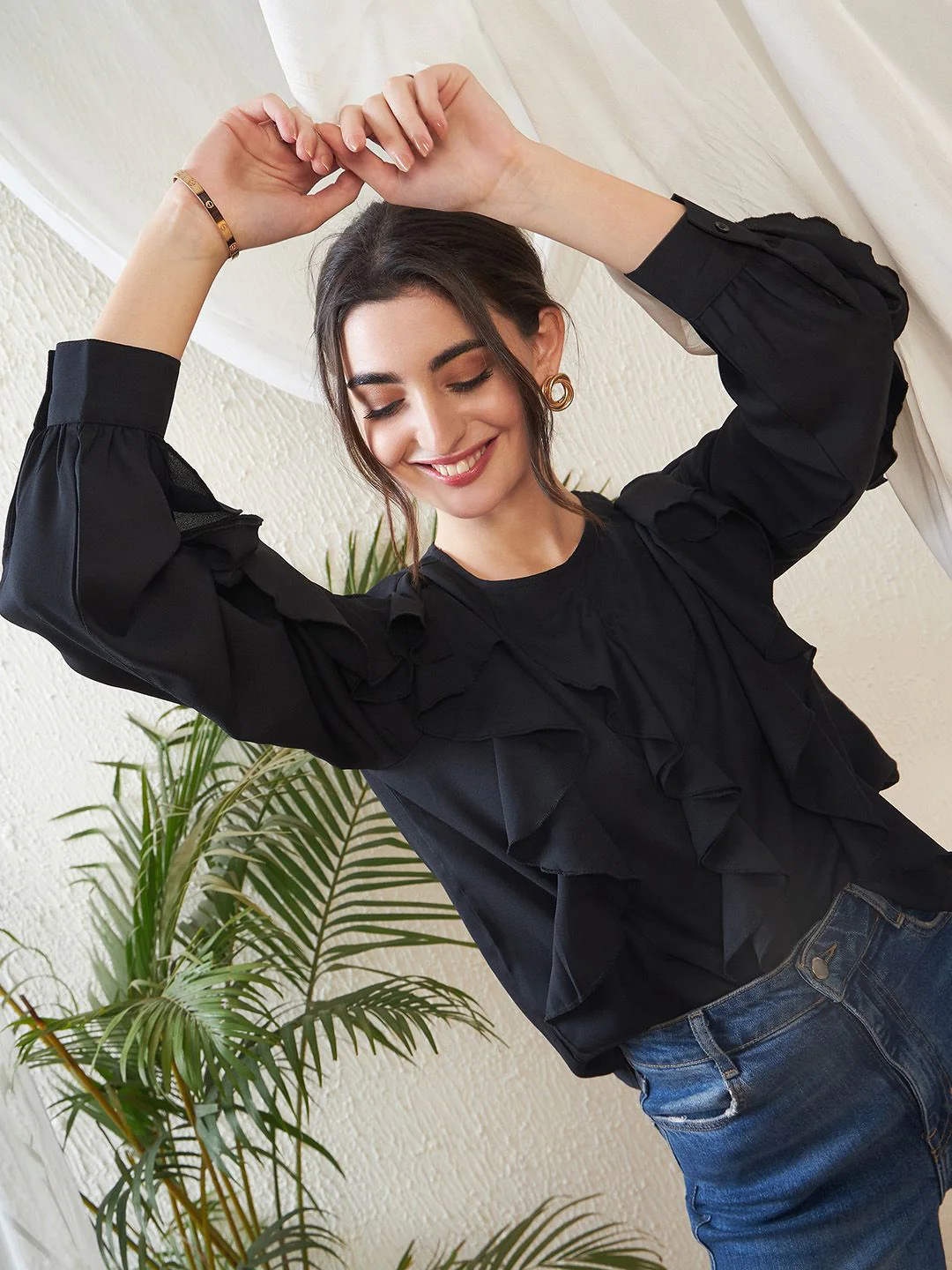 SASSAFRAS Black Cuffed Sleeves Ruffles Georgette Top - Image 2