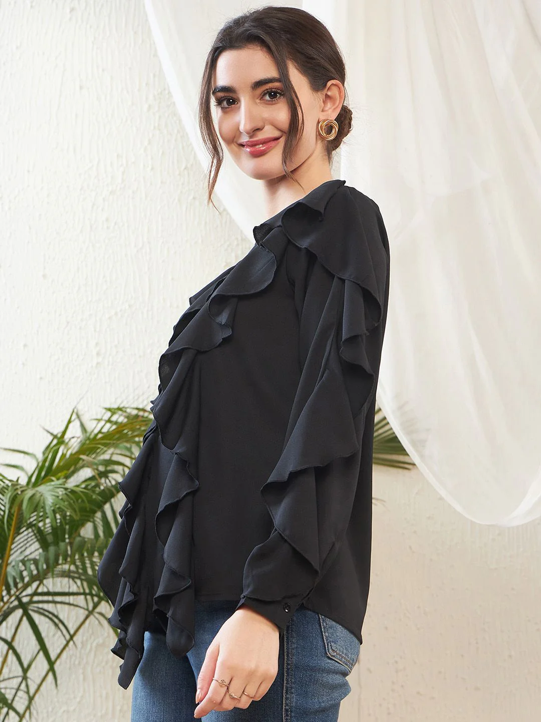 SASSAFRAS Black Cuffed Sleeves Ruffles Georgette Top - Image 3