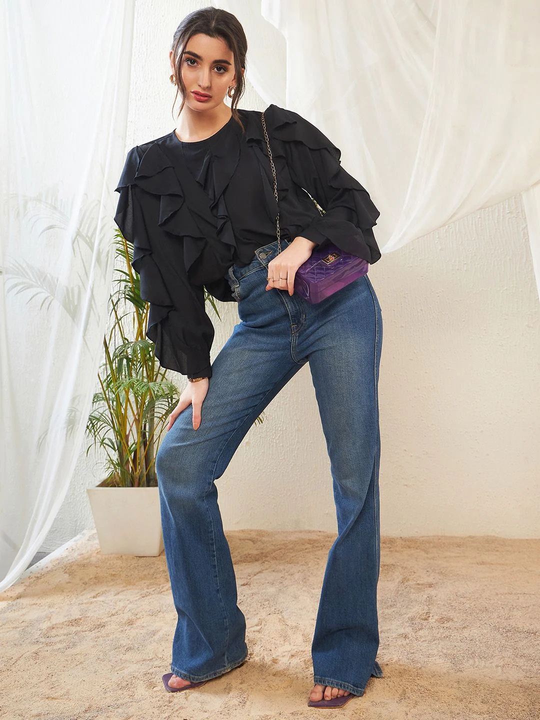 SASSAFRAS Black Cuffed Sleeves Ruffles Georgette Top - Image 4