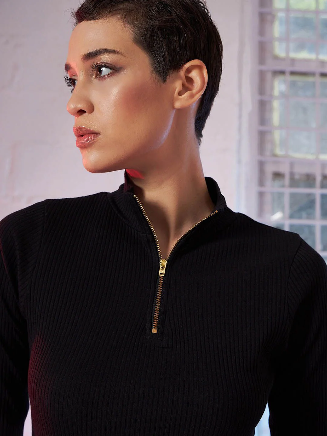 SASSAFRAS Black High Neck Long Sleeve Sheath Dress - Image 2