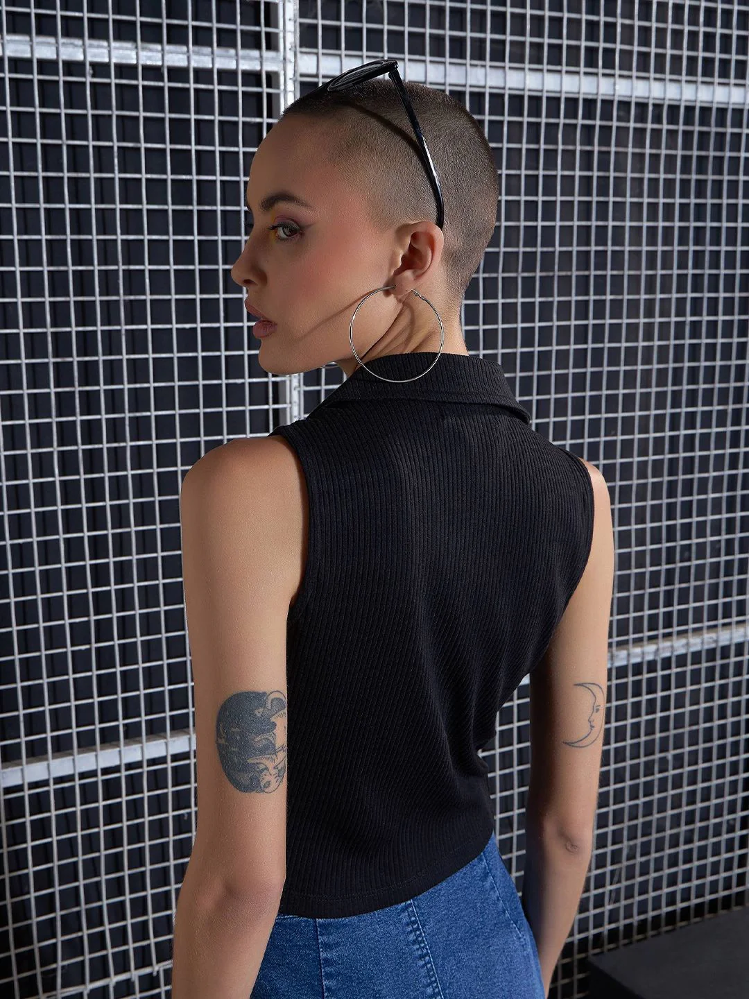 SASSAFRAS Black Lace-Up Shirt Style Crop Top - Image 5