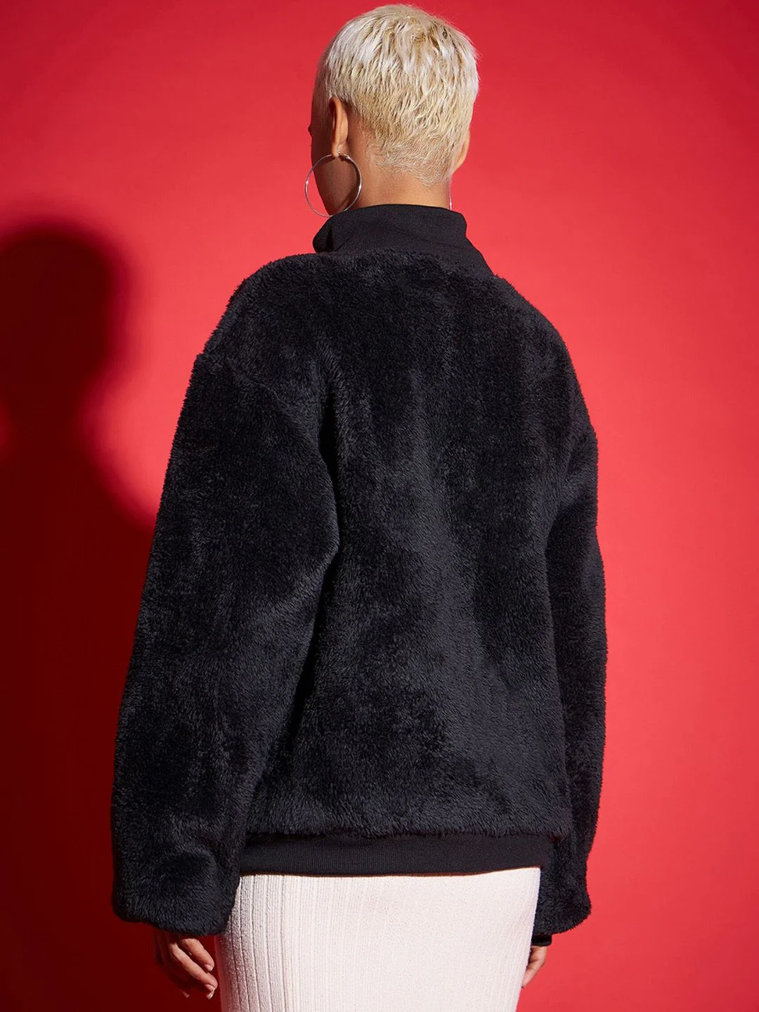 SASSAFRAS Black Mock Collar Faux Fur Trim Detail Bomber Jacket - Image 5