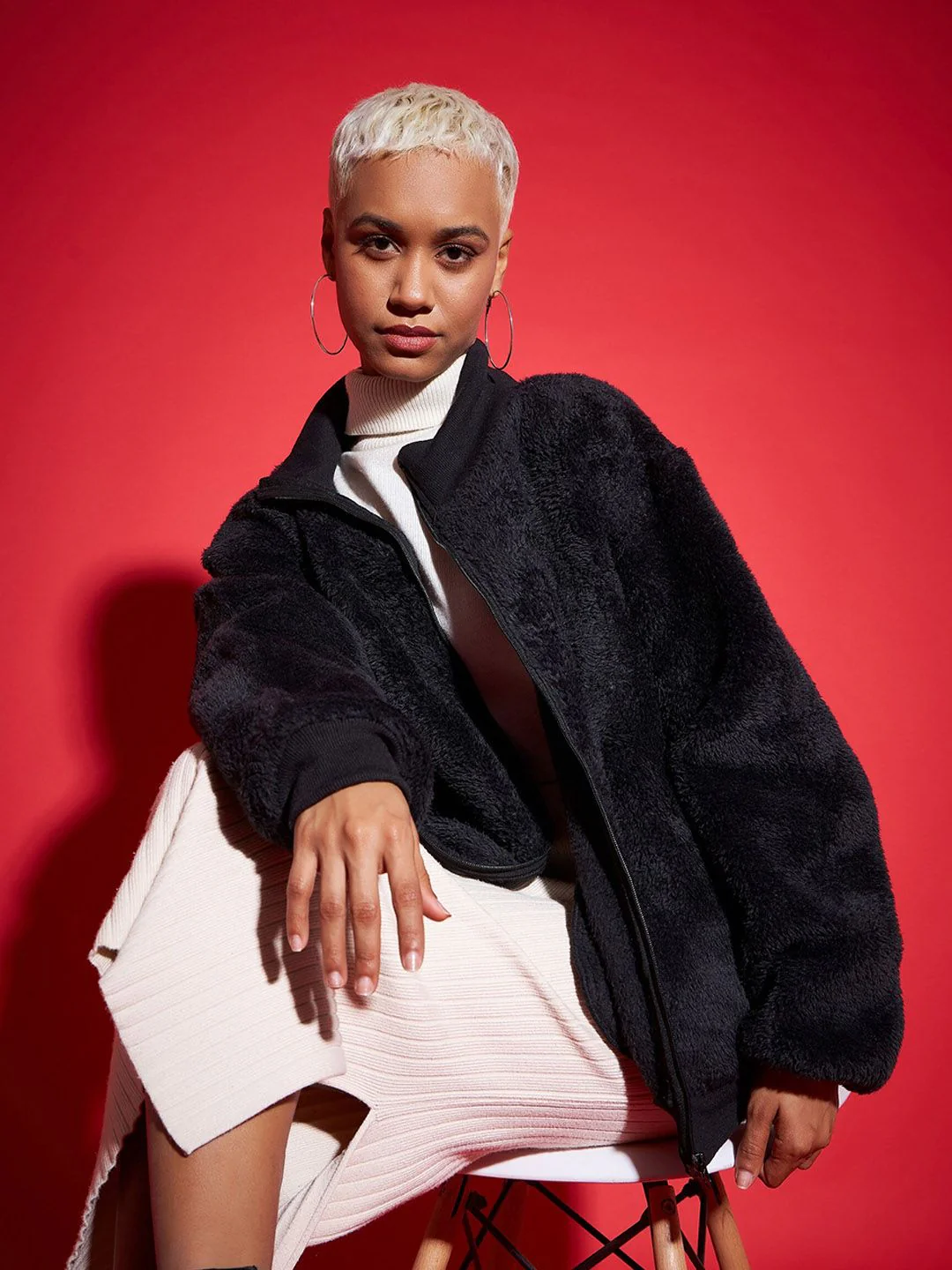 SASSAFRAS Black Mock Collar Faux Fur Trim Detail Bomber Jacket - Image 7