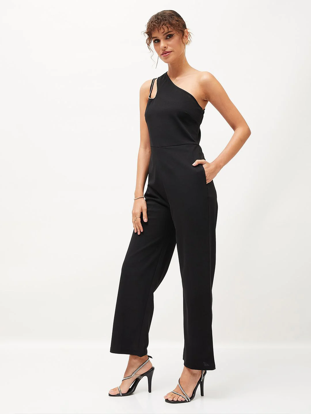 SASSAFRAS Black One Shoulder Basic Jumpsuit - Image 3