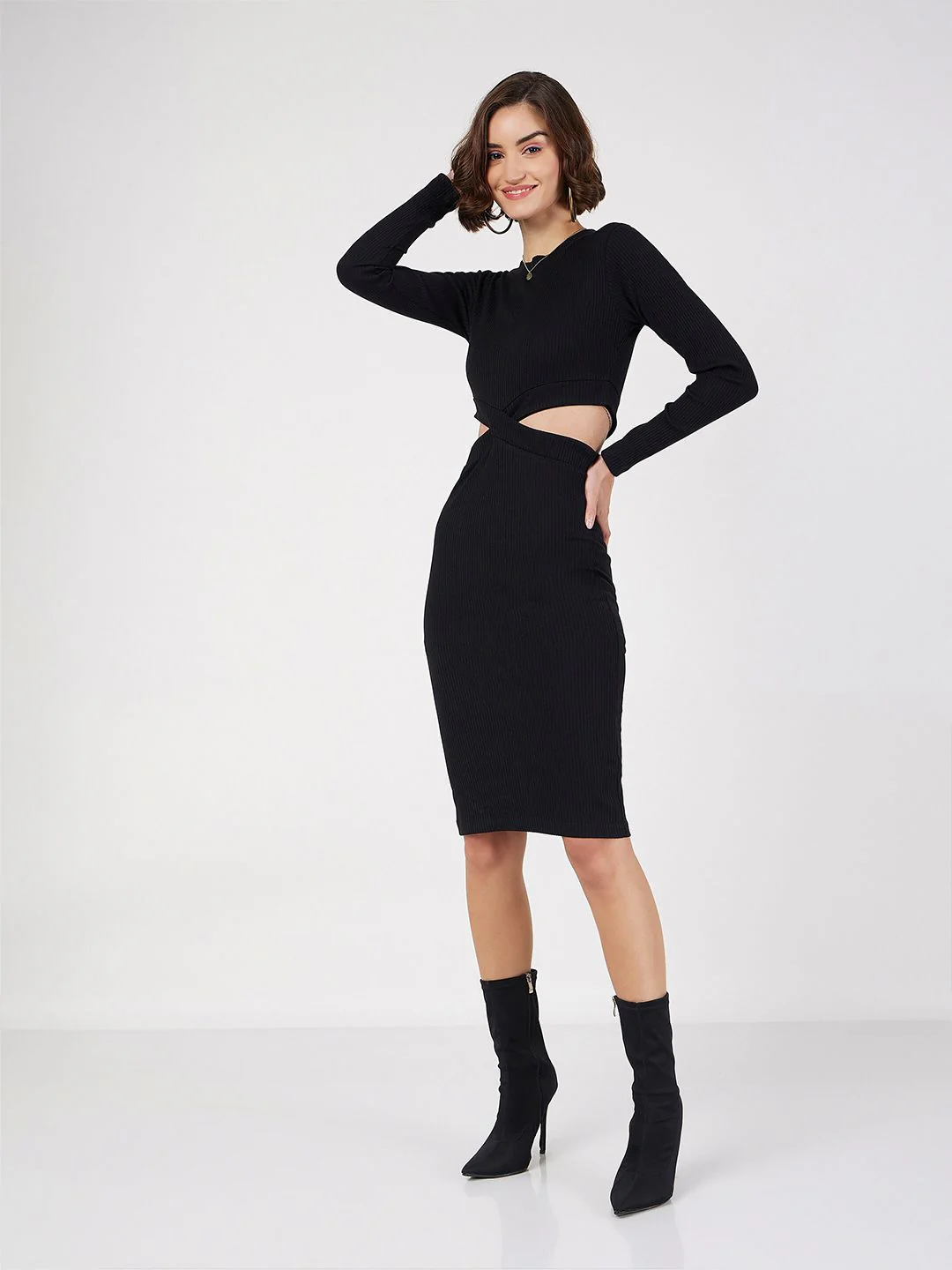 SASSAFRAS Black Ribbed Cut-Out Sheath Dress - Image 3