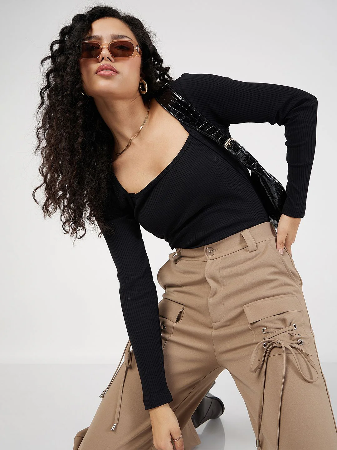 SASSAFRAS Black Ribbed Square Neck Fitted Top - Image 6