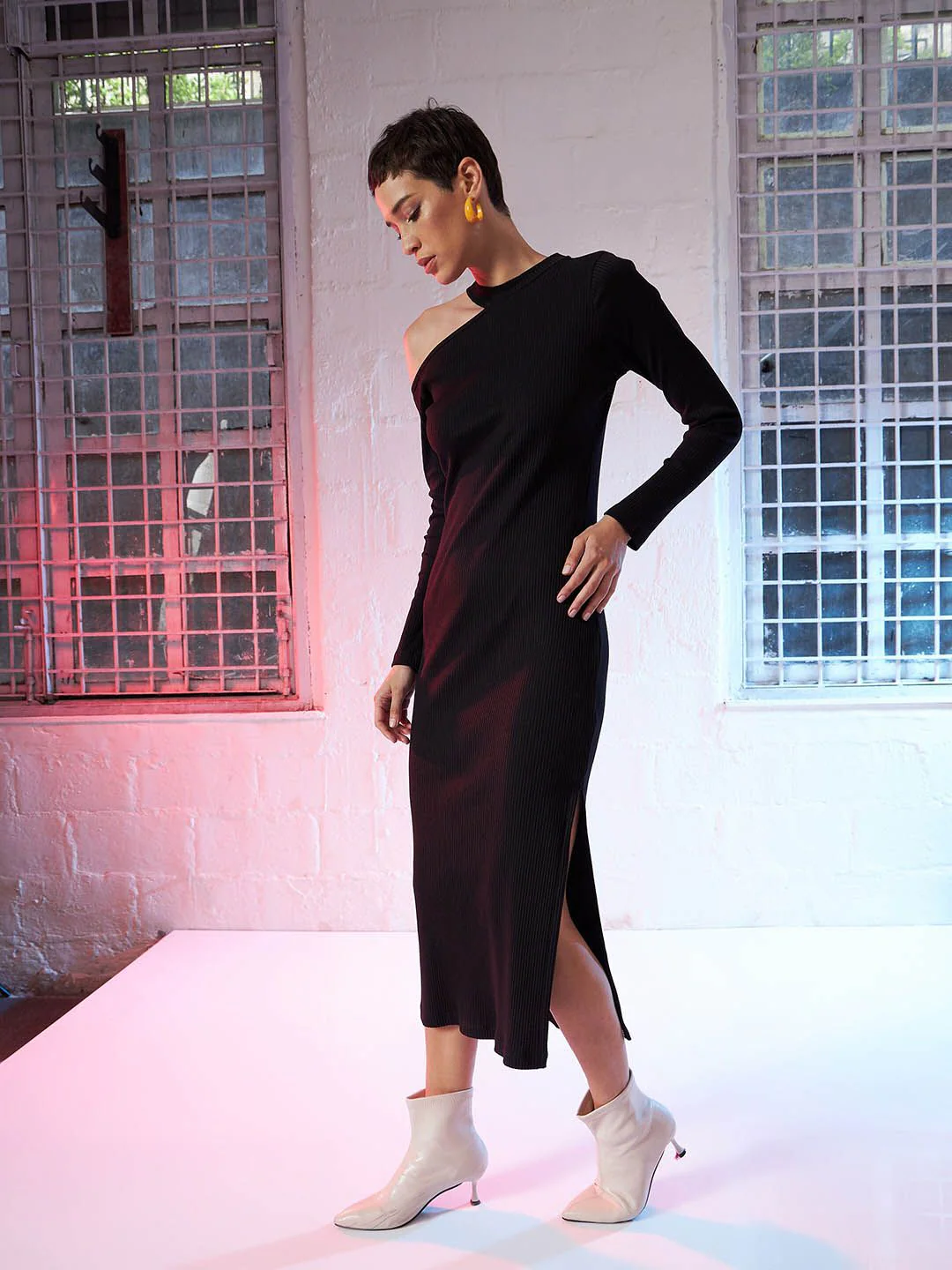 SASSAFRAS Black Round Neck Long Sleeve Cut-Outs Sheath Midi Dress - Image 3