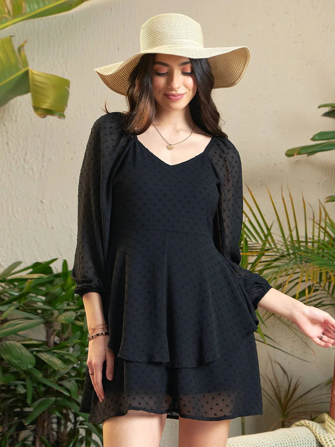 SASSAFRAS Black Self Design Layered Georgette A-Line Dress - Image 6