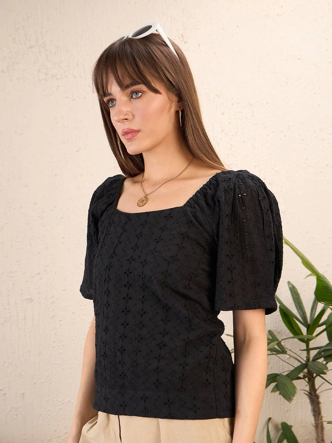 SASSAFRAS Black Self Design Schiffli Smocked Puff Sleeve Cotton Top - Image 2