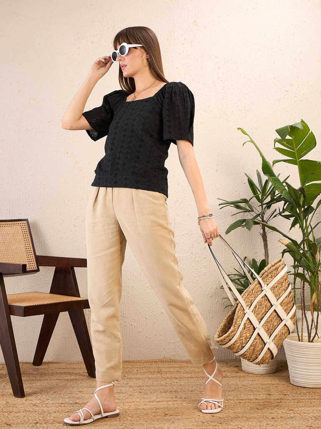 SASSAFRAS Black Self Design Schiffli Smocked Puff Sleeve Cotton Top - Image 4