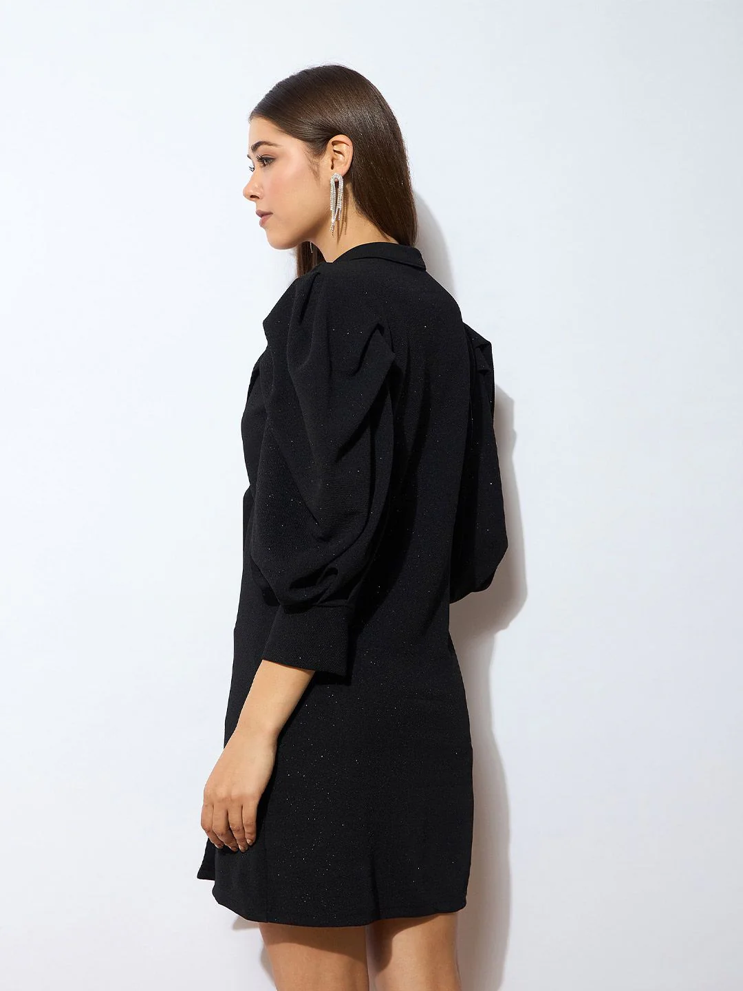 SASSAFRAS Black Self Design V-Neck Puff Sleeves Sheath Dress - Image 5