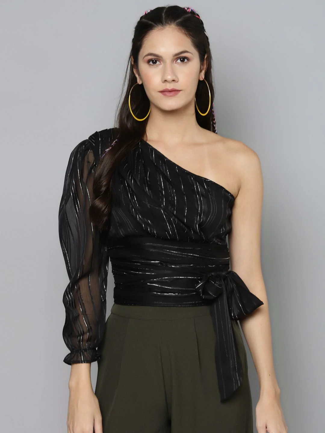 Sassafras Black & Silver Striped One Shoulder Puff Sleeves Cinched Waist Crop Top - Image 2