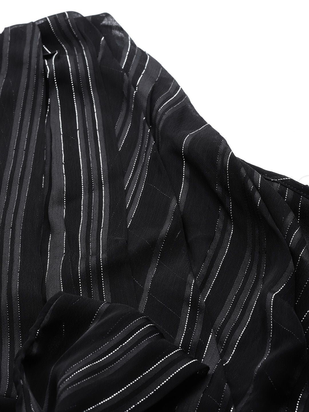 Sassafras Black & Silver Striped One Shoulder Puff Sleeves Cinched Waist Crop Top - Image 3