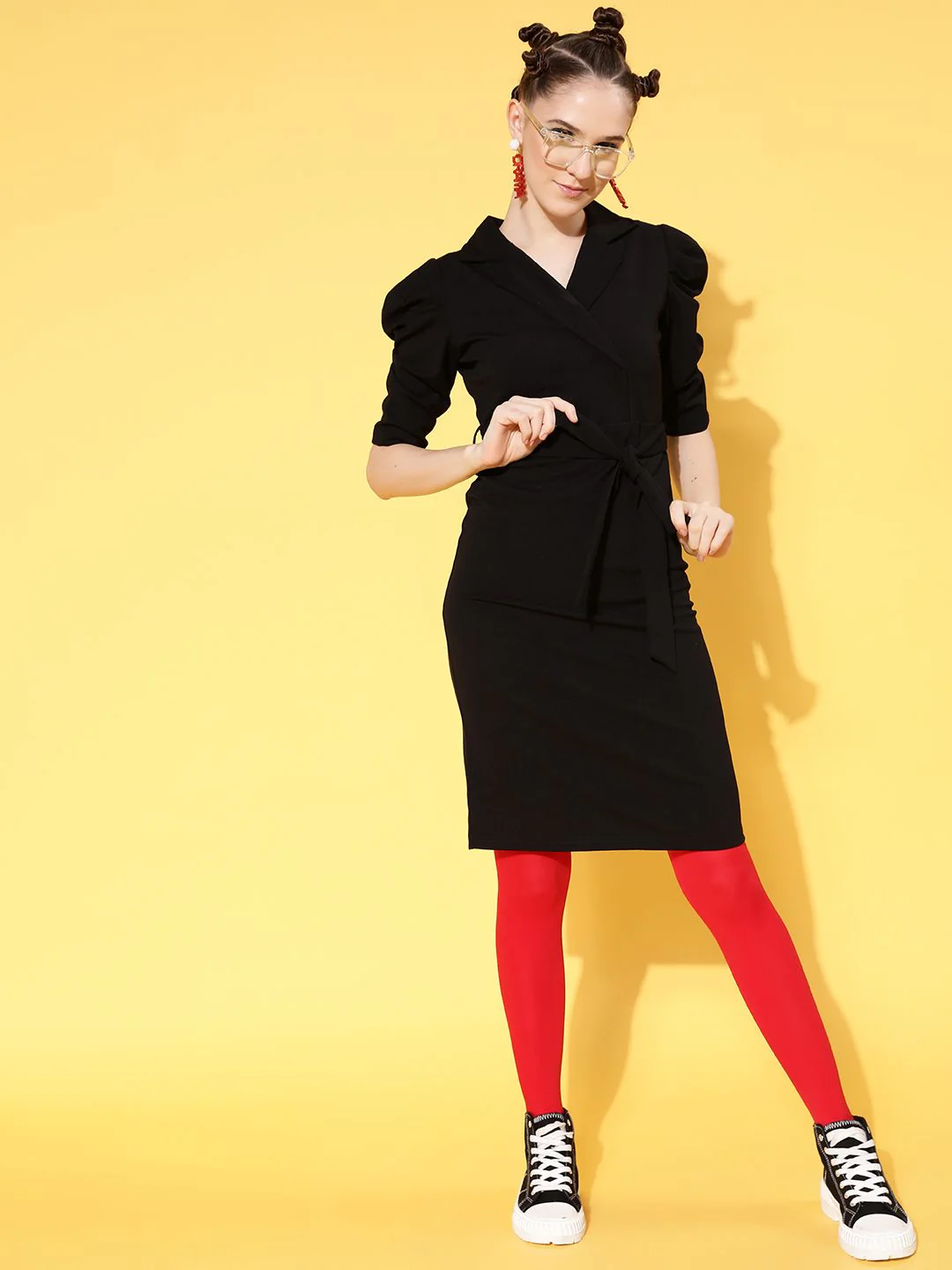 SASSAFRAS Black Solid Wrap Bodycon Dress - Image 3