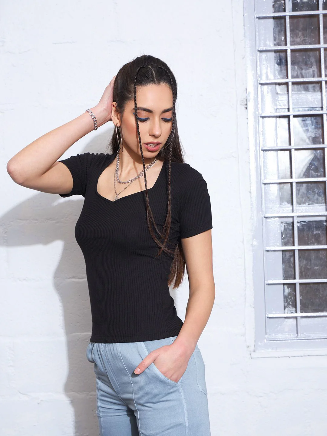 SASSAFRAS Black Square Neck Cotton Fitted Top - Image 2