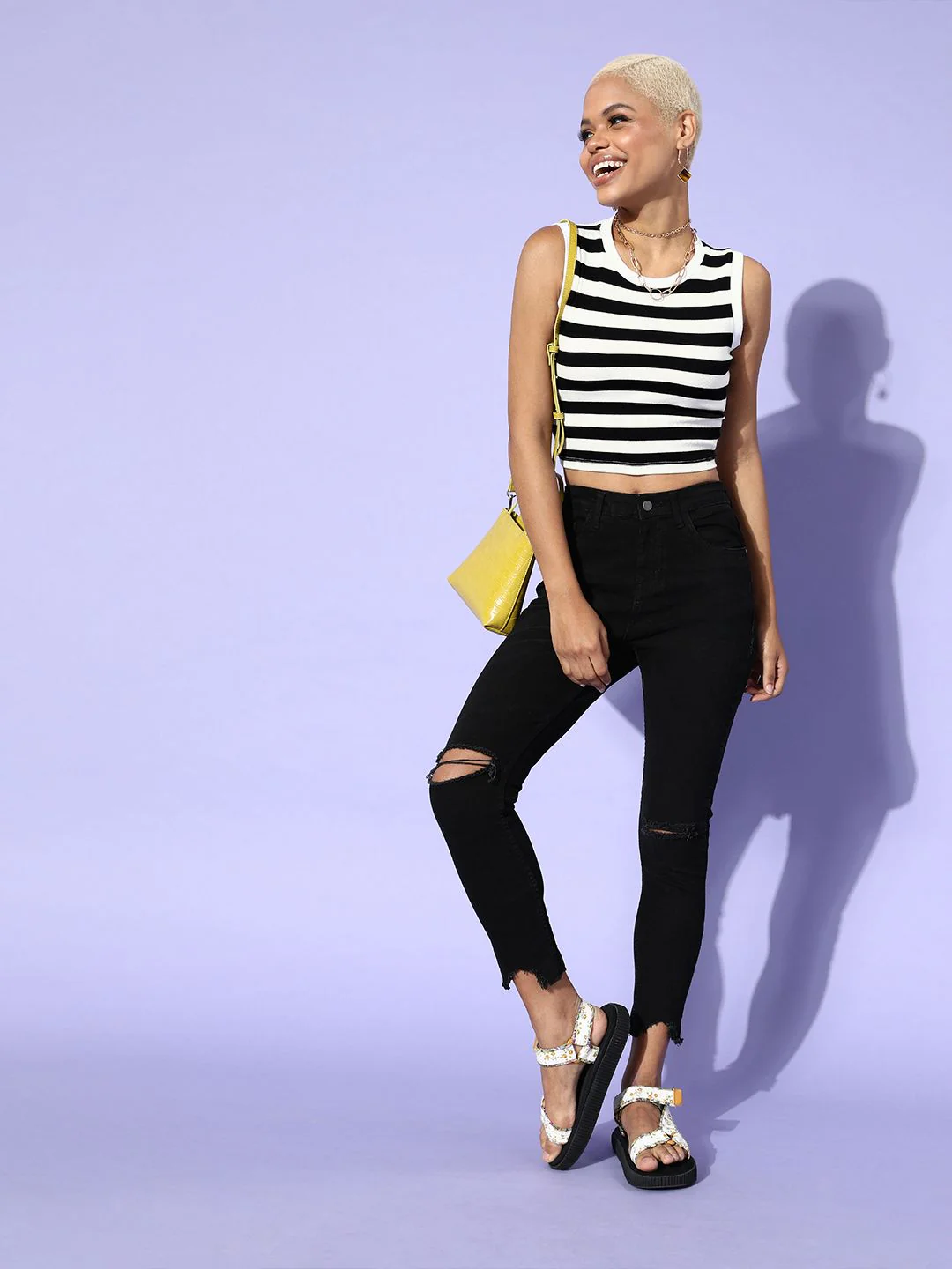 SASSAFRAS Black & White Striped Monochrome Tank Crop Top - Image 2
