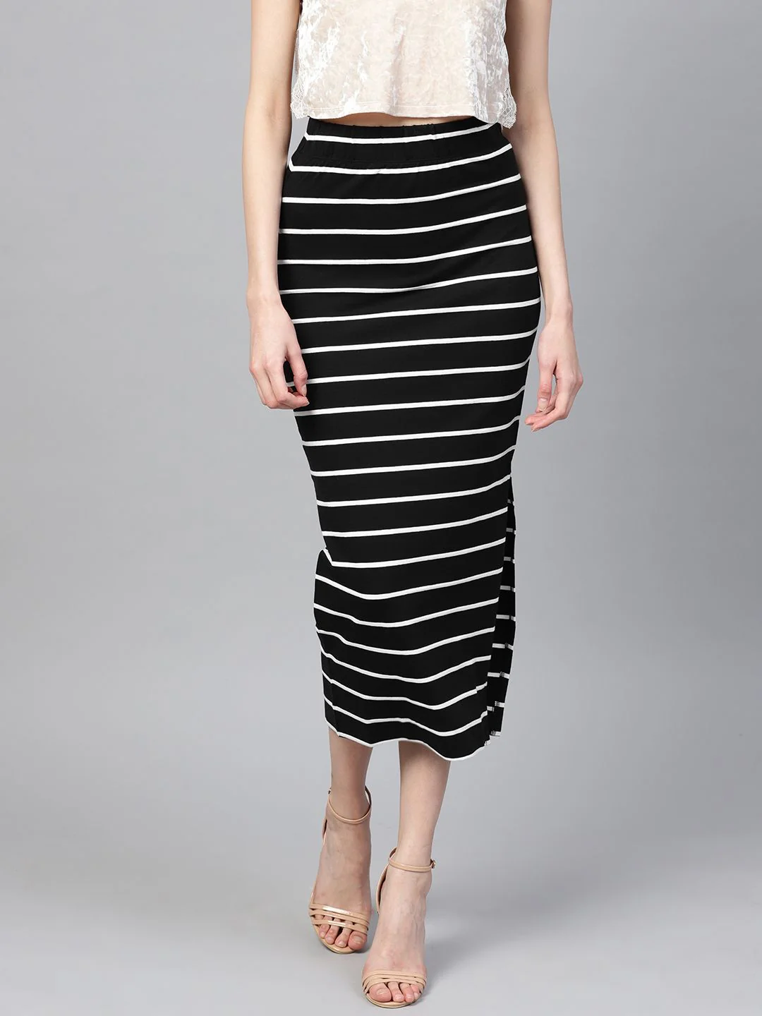 SASSAFRAS Black & White Striped Pencil Skirt