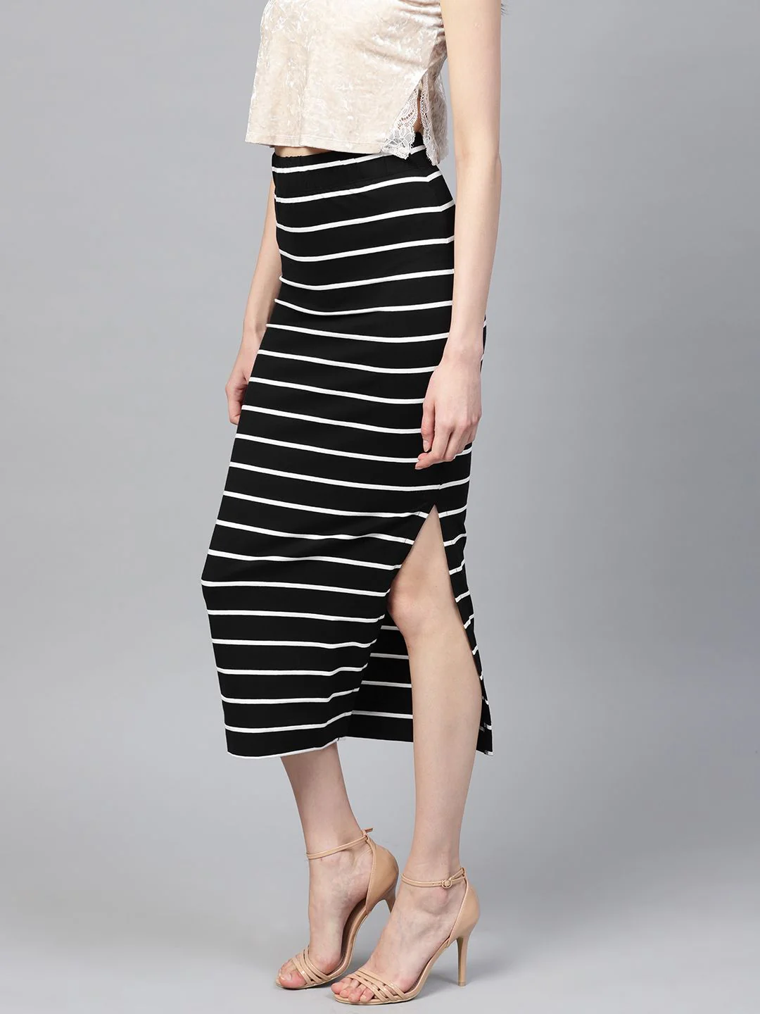 SASSAFRAS Black & White Striped Pencil Skirt - Image 2