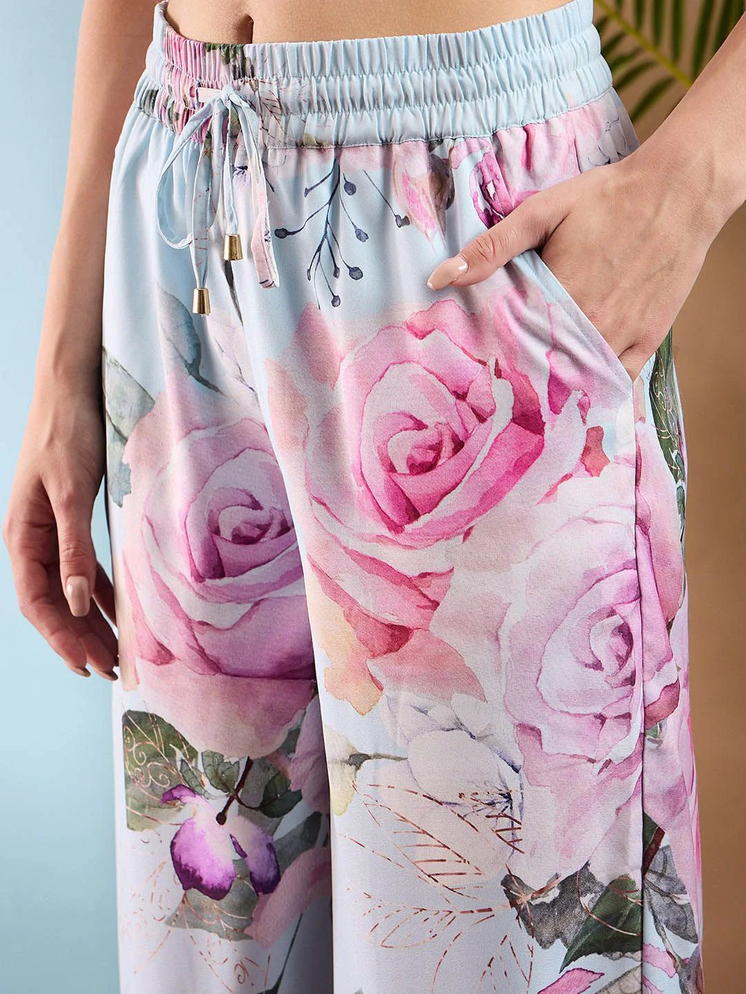 SASSAFRAS Blue Floral Printed Shawl Collar Top With Trousers - Image 3