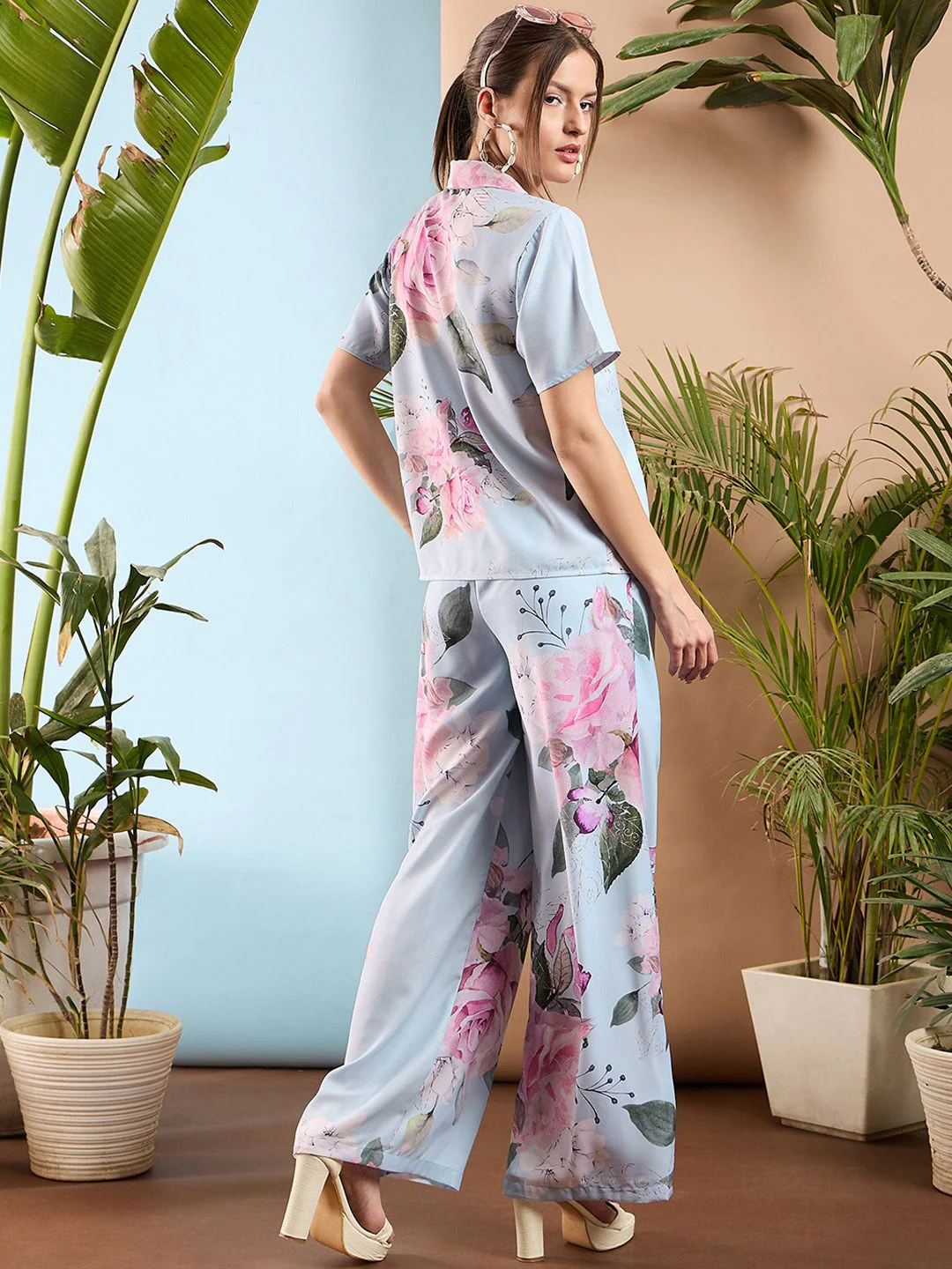 SASSAFRAS Blue Floral Printed Shawl Collar Top With Trousers - Image 4