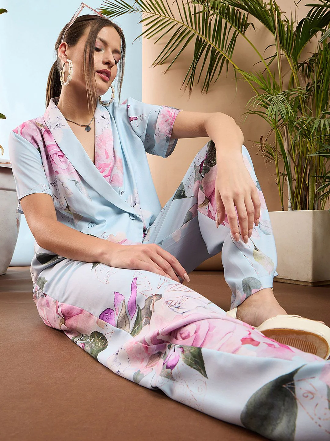 SASSAFRAS Blue Floral Printed Shawl Collar Top With Trousers - Image 7