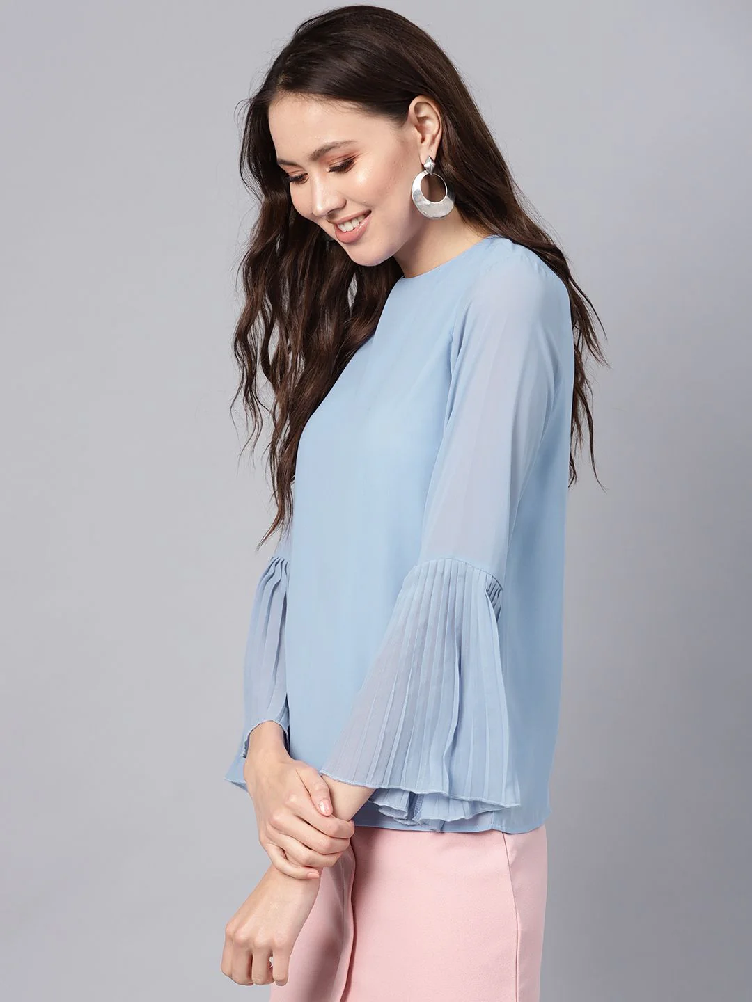 SASSAFRAS Blue Pleated Top With Frilled Hem - Image 3