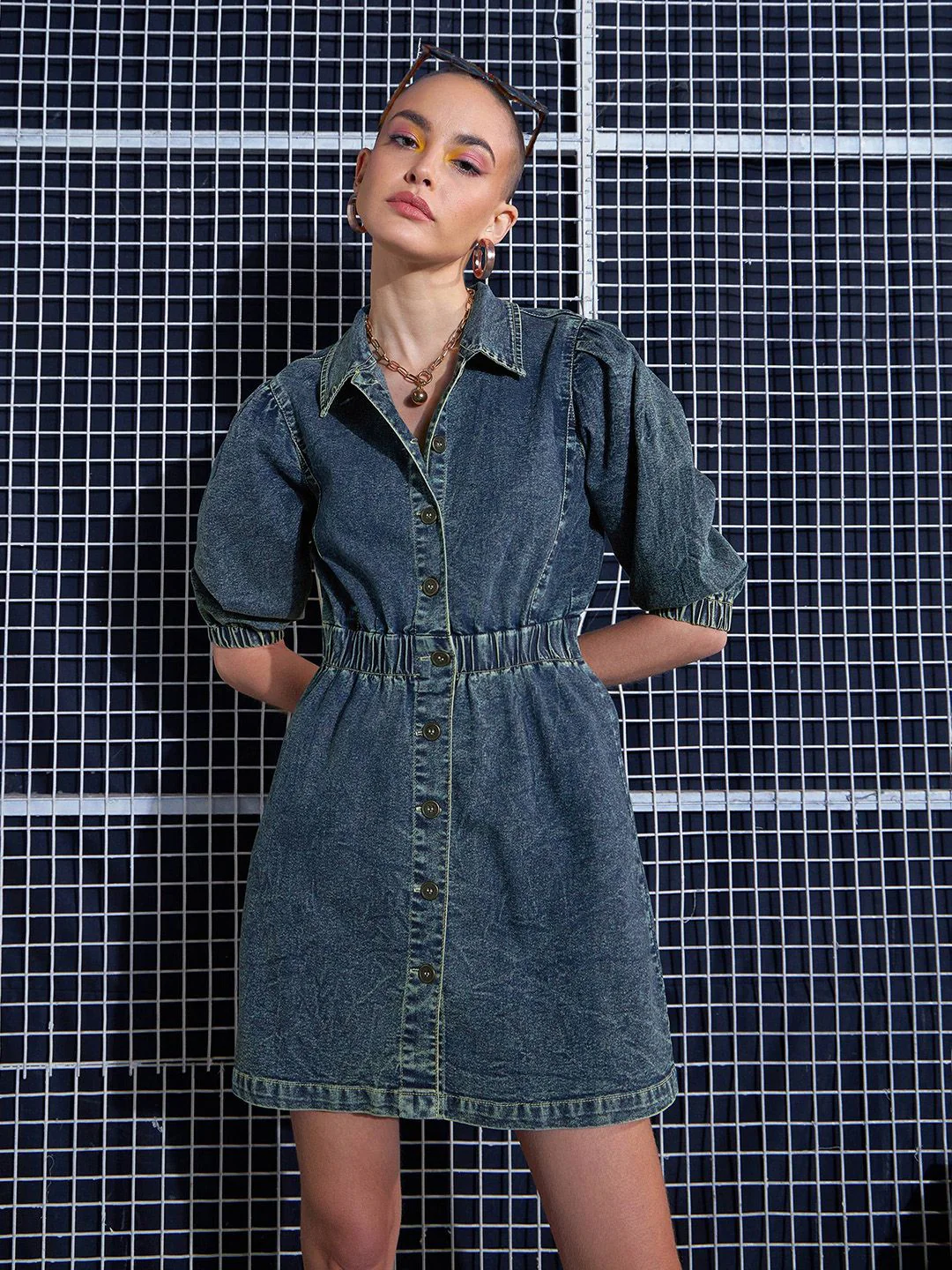 SASSAFRAS Blue Puff Sleeve Denim A-Line Dress - Image 2