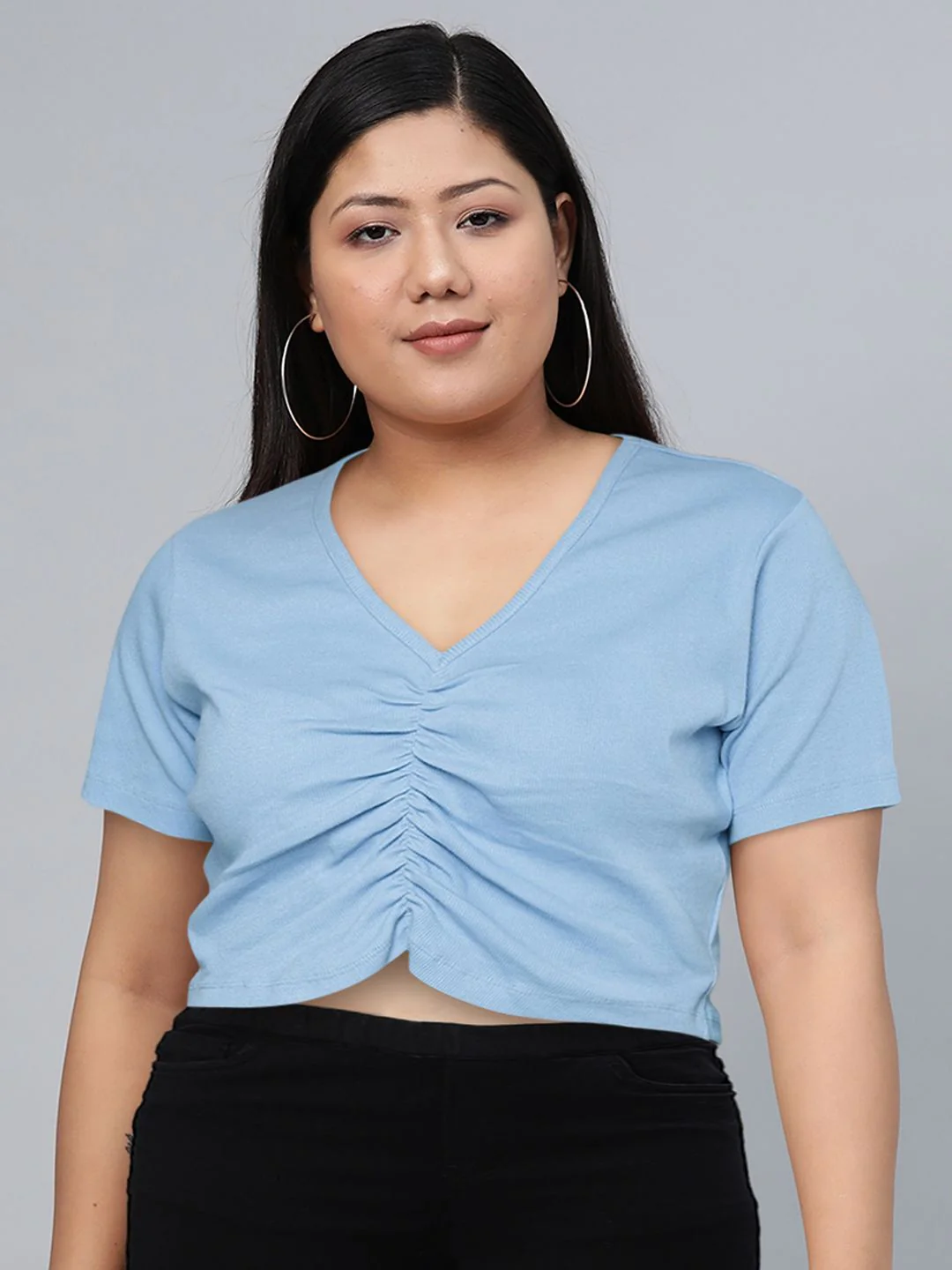 Sassafras Blue Ribbed V-Neck Ruched Fitted Crop Top - Image 6
