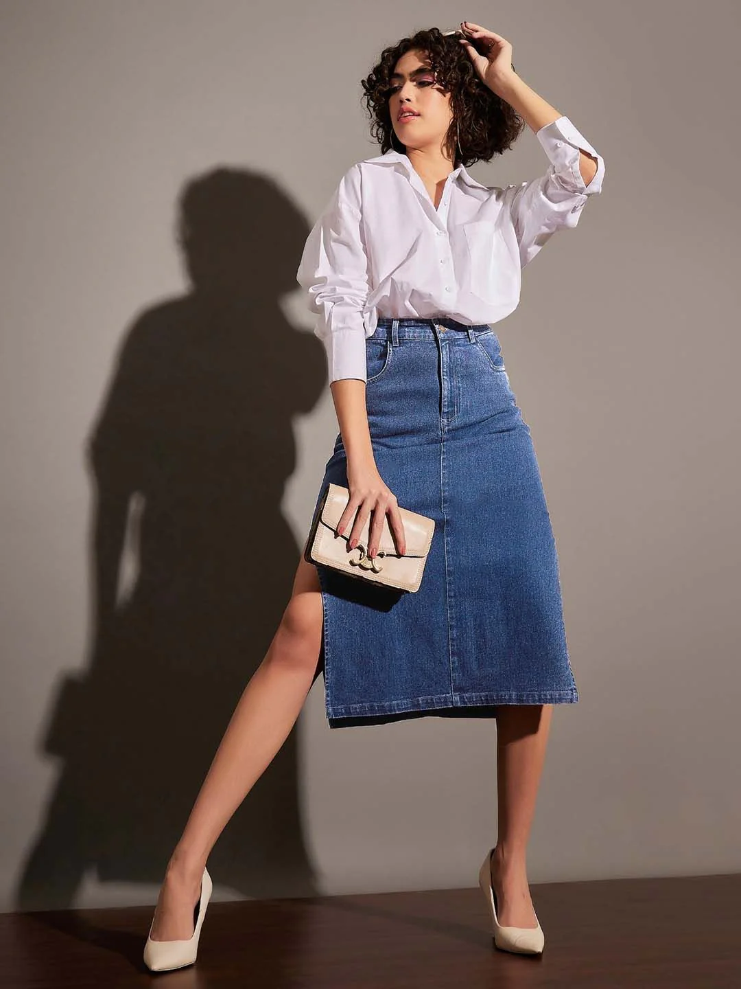 SASSAFRAS Blue Side Slit A-Line Midi Skirt - Image 5