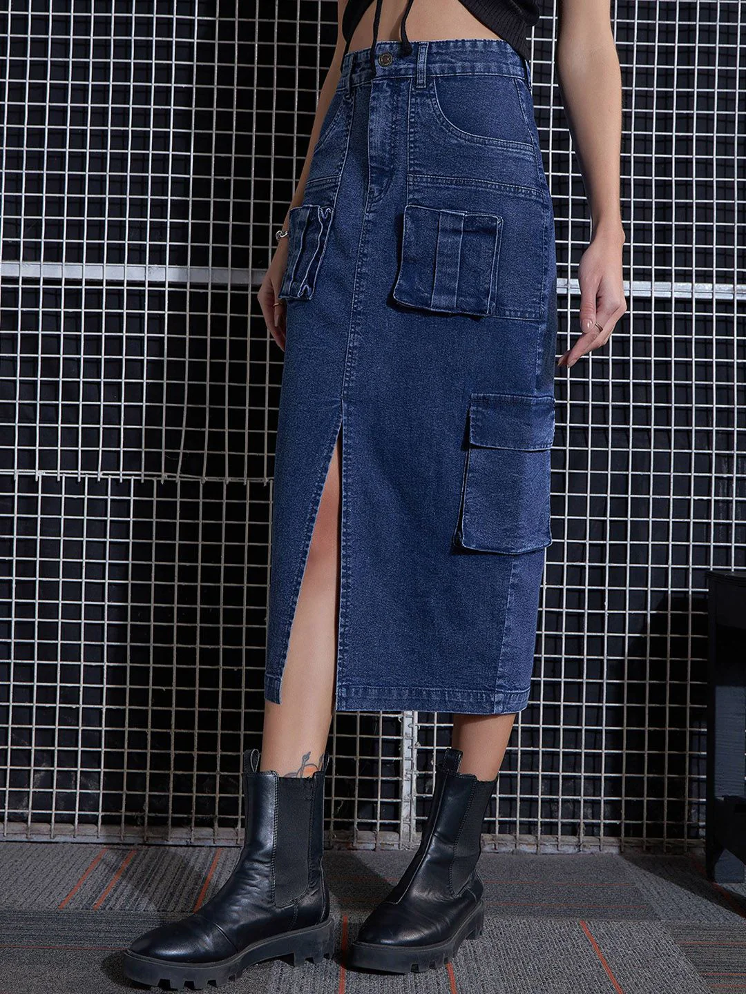 SASSAFRAS Blue Washed Cargo Pencil Midi Denim Skirt - Image 2