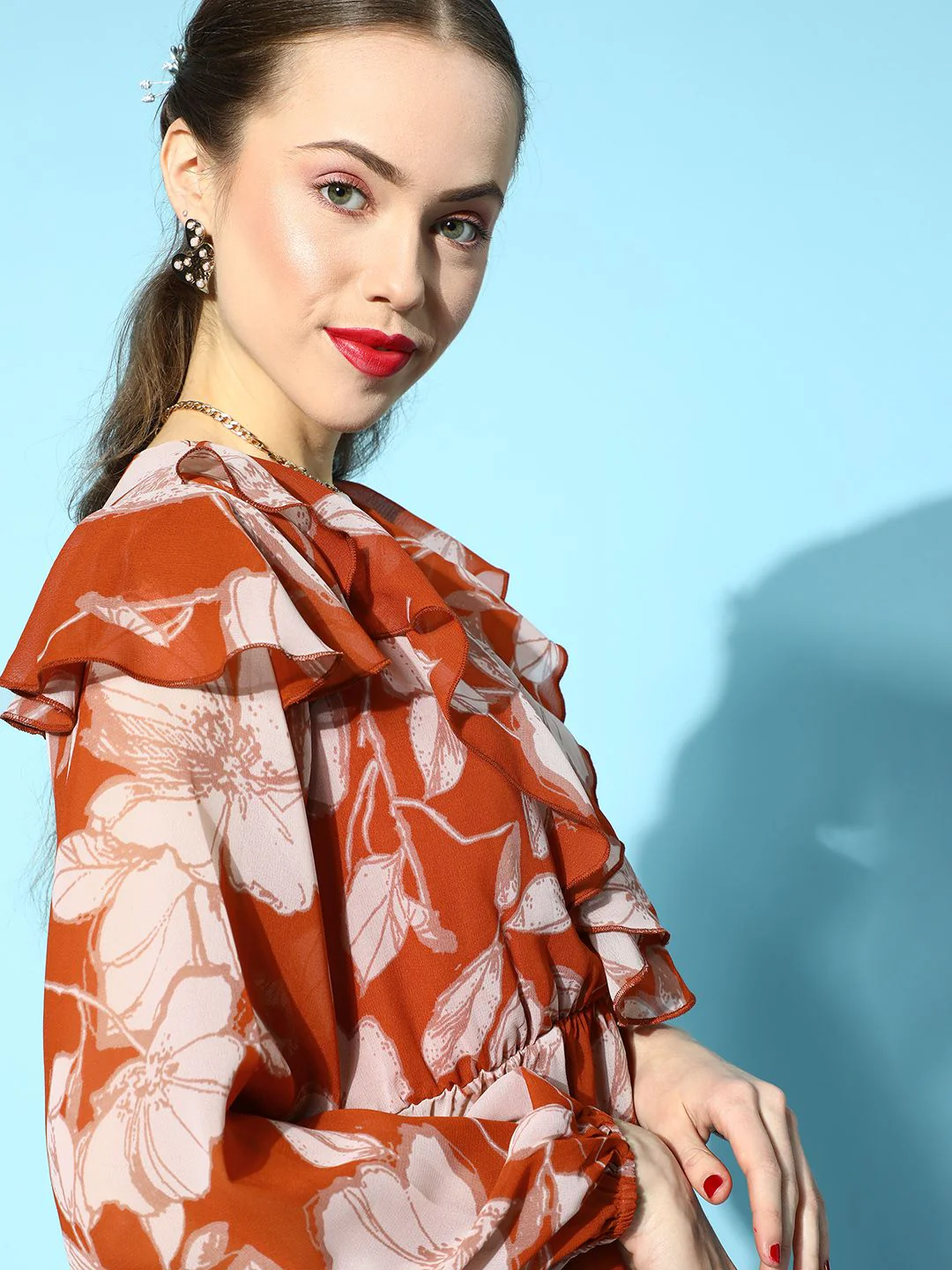 SASSAFRAS Brown & Beige Floral Print Ruffles Top - Image 4