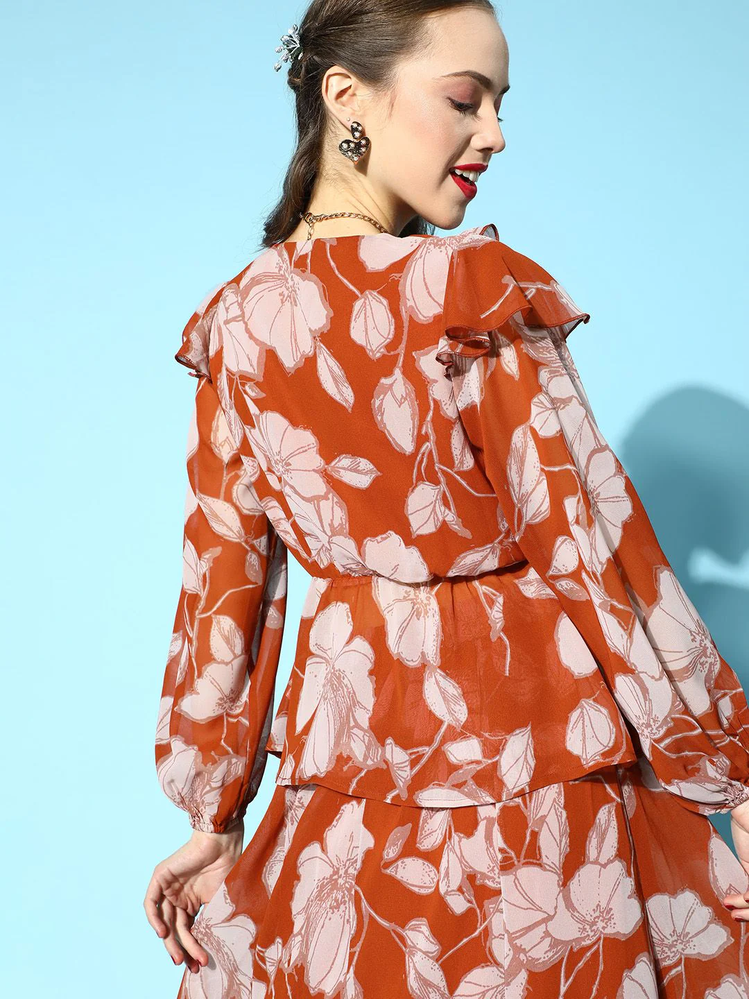 SASSAFRAS Brown & Beige Floral Print Ruffles Top - Image 5