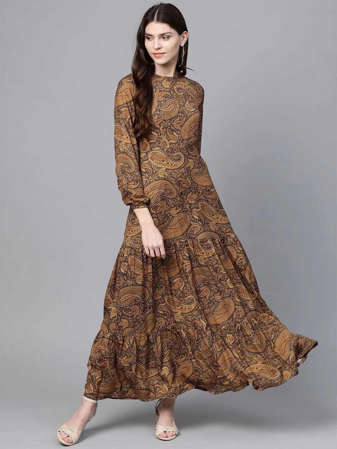 SASSAFRAS Brown & Black Ethnic Motifs Print Maxi Dress