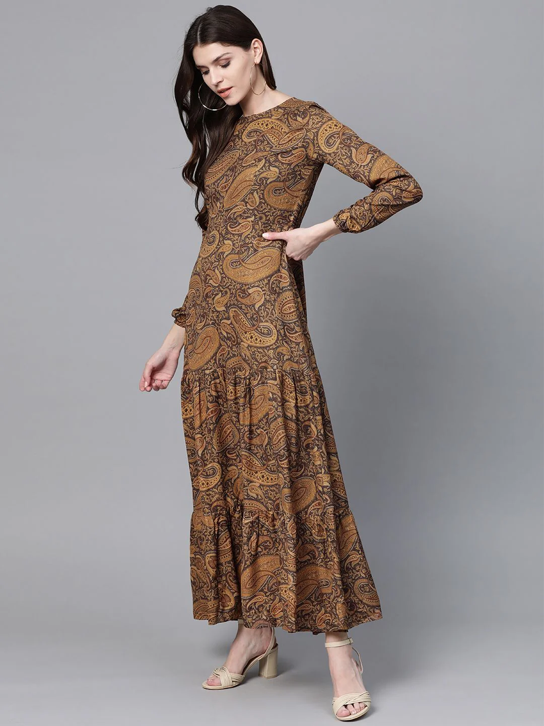 SASSAFRAS Brown & Black Ethnic Motifs Print Maxi Dress - Image 3