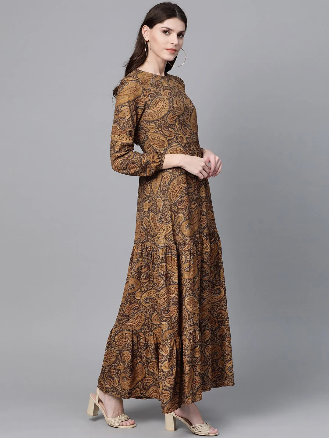 SASSAFRAS Brown & Black Ethnic Motifs Print Maxi Dress - Image 5