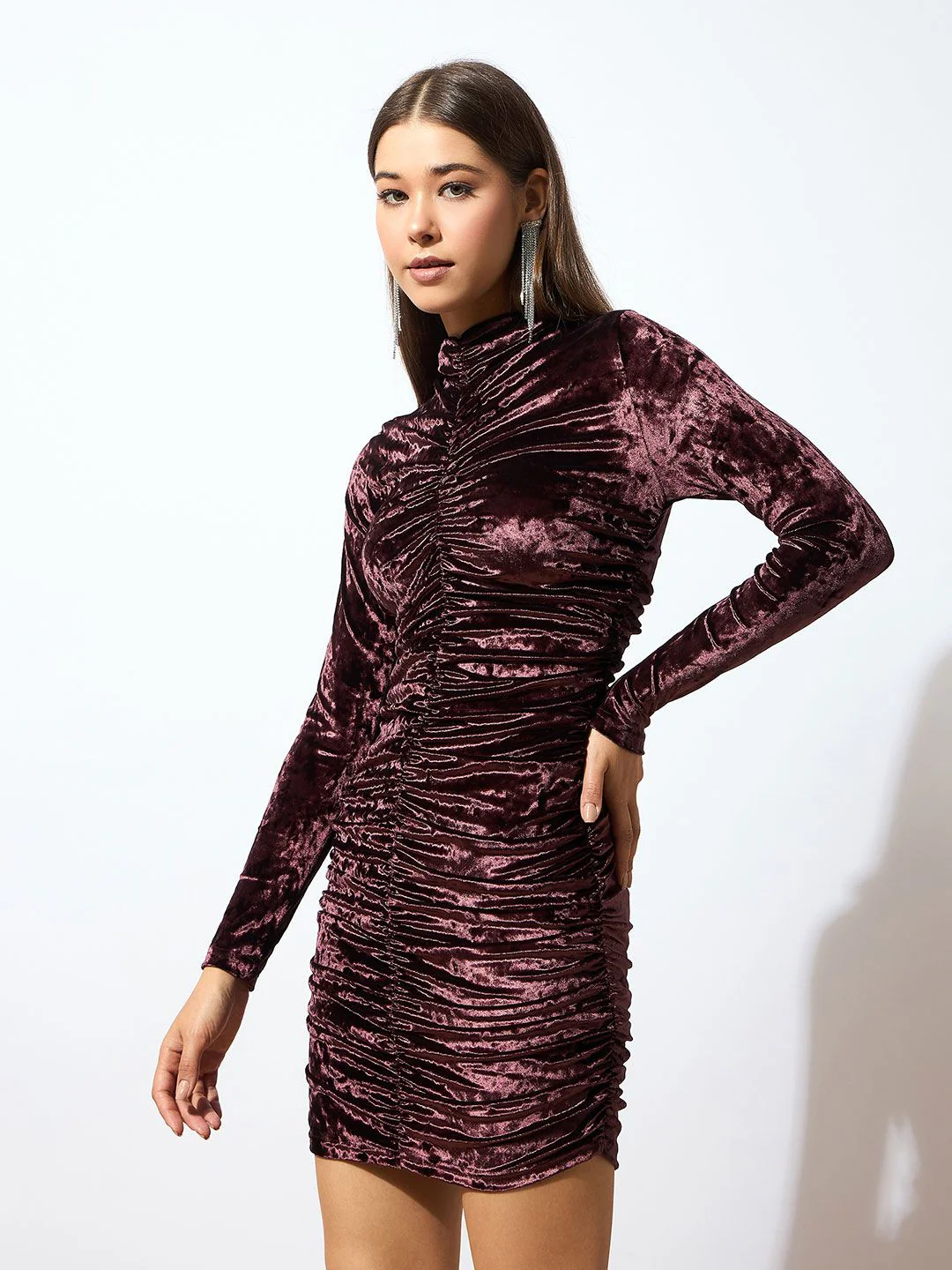 SASSAFRAS Brown High Neck Gathered Detail Velvet Bodycon Dress - Image 3