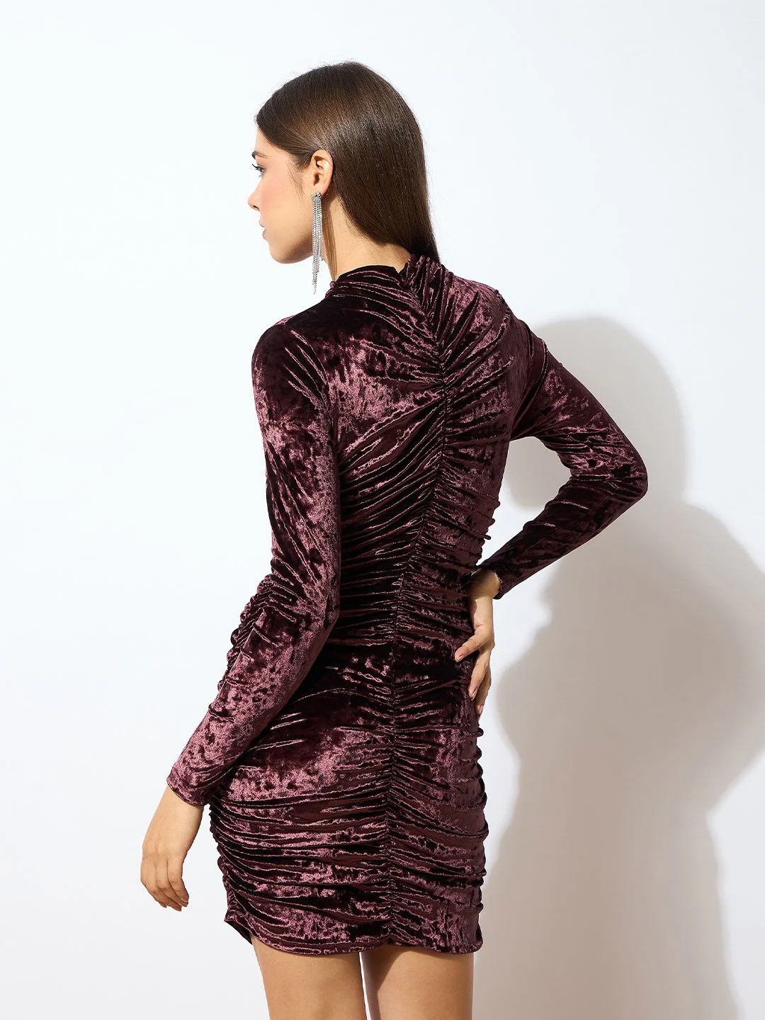 SASSAFRAS Brown High Neck Gathered Detail Velvet Bodycon Dress - Image 5