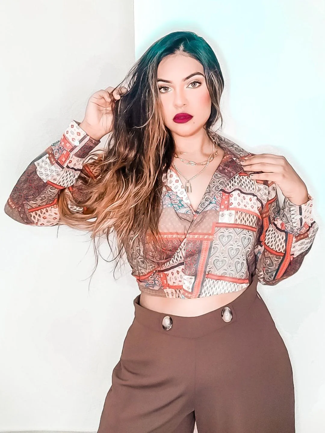 Sassafras Brown & Red Geometric Printed Georgette Wrap Crop Top - Image 6