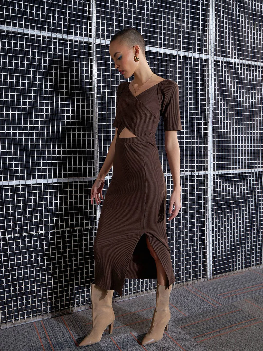 SASSAFRAS Brown V-Neck Cut-Out Side Slit Midi Sheath Dress - Image 3