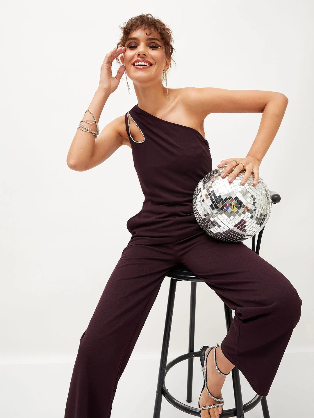 SASSAFRAS Burgundy One Shoulder Basic Jumpsuit - Image 6