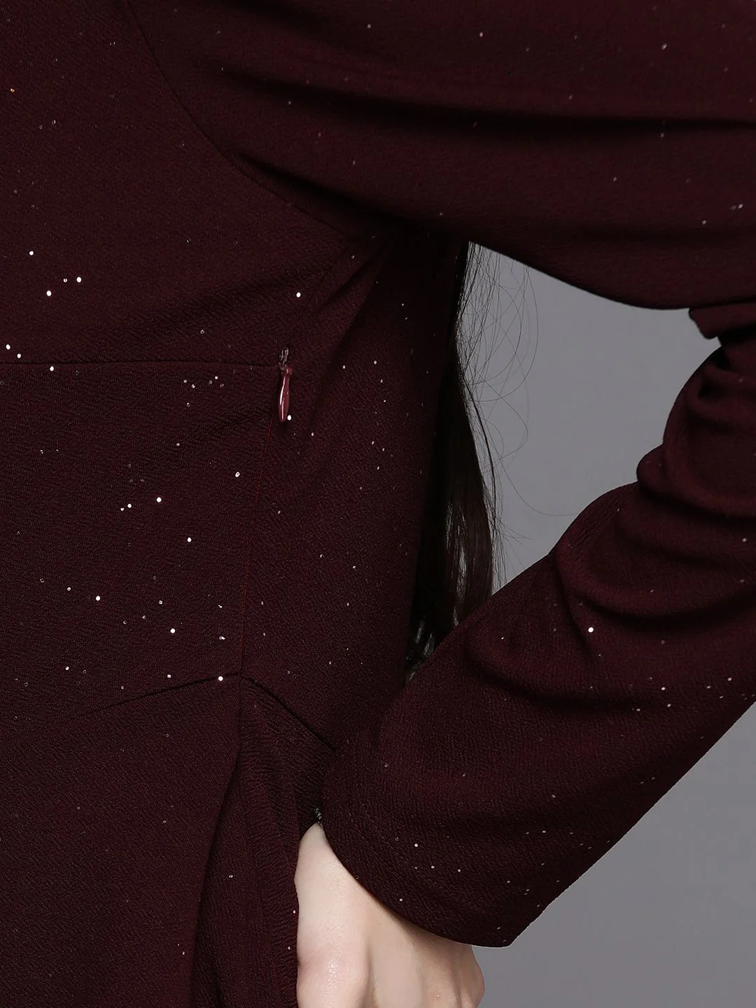 SASSAFRAS Burgundy Solid Shimmer Puff Sleeves Peplum Top - Image 6