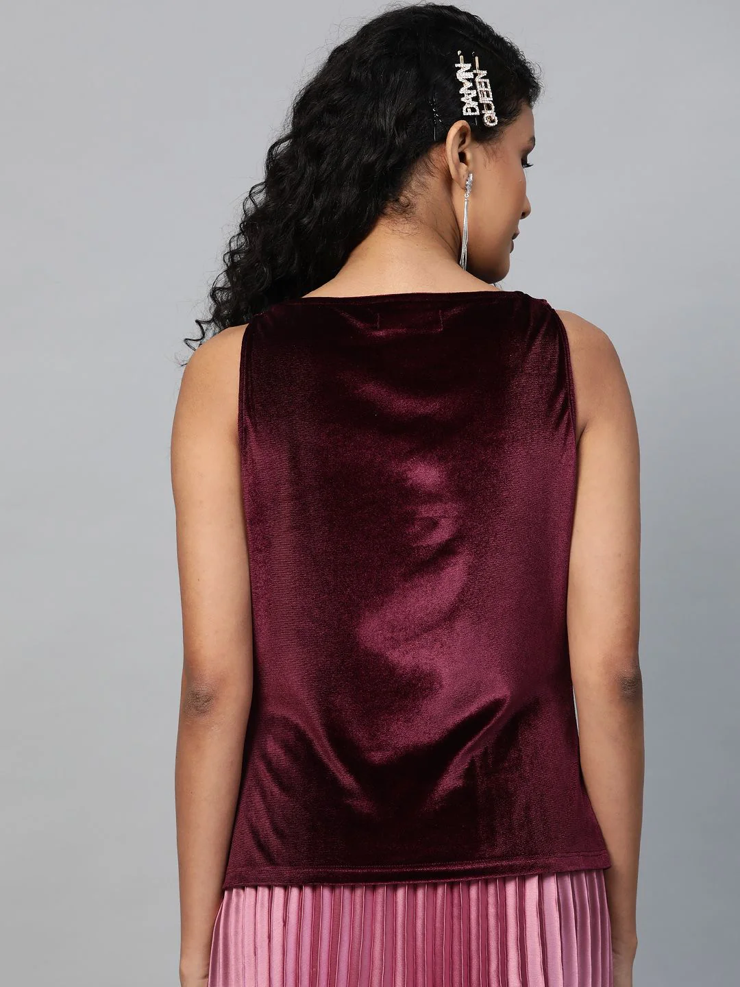 SASSAFRAS Burgundy Velvet Finish Cowl Neck Top - Image 5