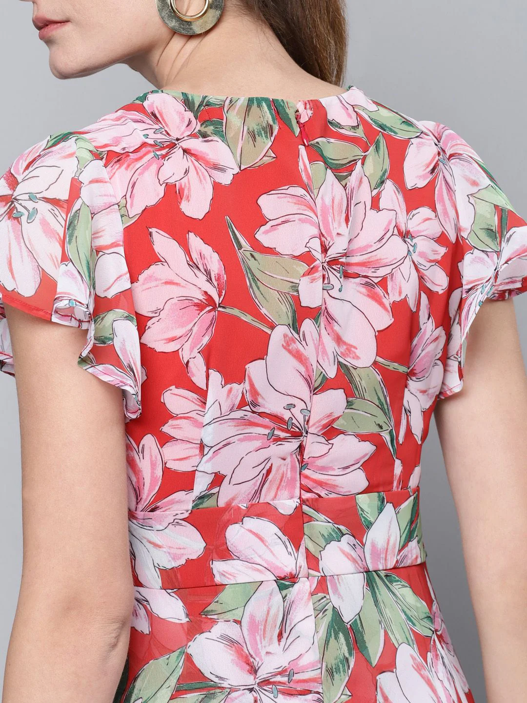 SASSAFRAS Coral Red & Green Floral Printed Layered Jumpsuit - Image 6
