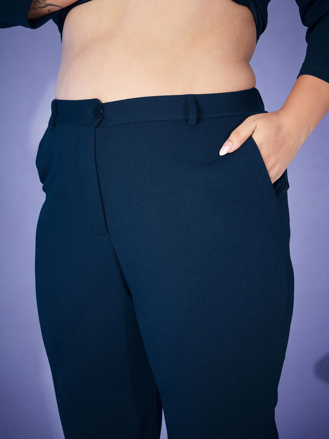 SASSAFRAS Curve Blue Plus Size Self-Design Top Wit Trouser Co-Ords - Image 3