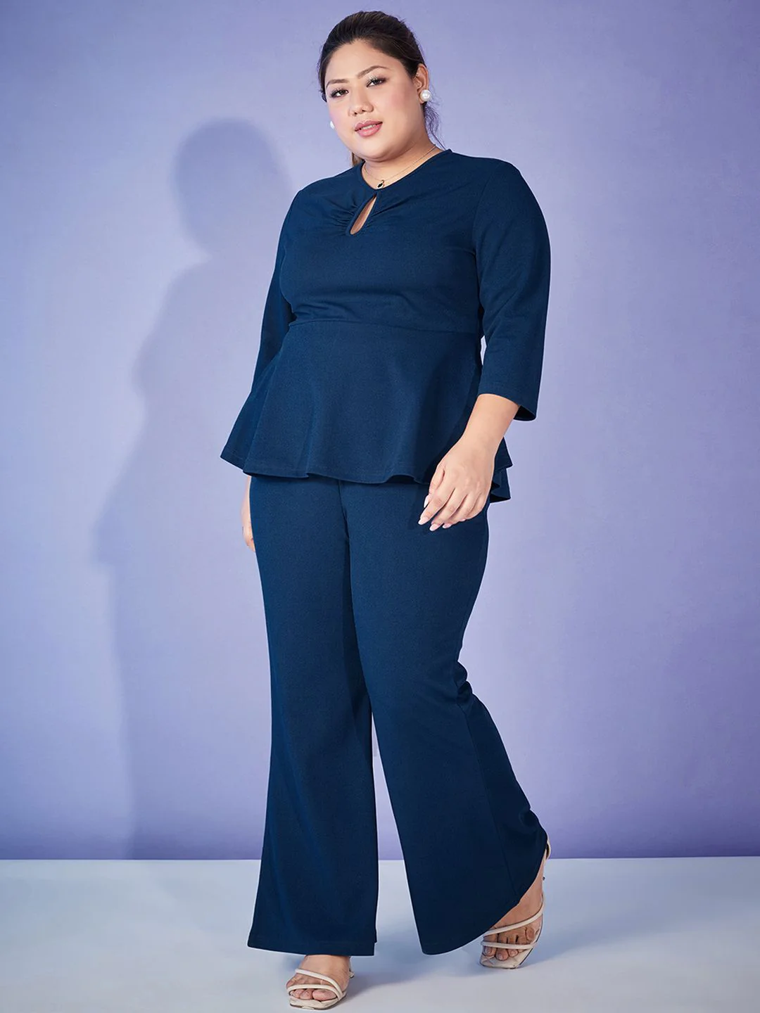 SASSAFRAS Curve Blue Plus Size Self-Design Top Wit Trouser Co-Ords - Image 5