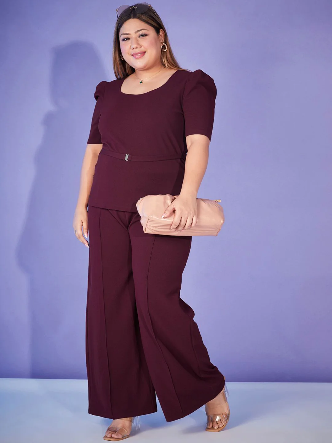 SASSAFRAS Curve Burgundy Plus Size Self-Design Top Wit Trouser Co-Ords - Image 6