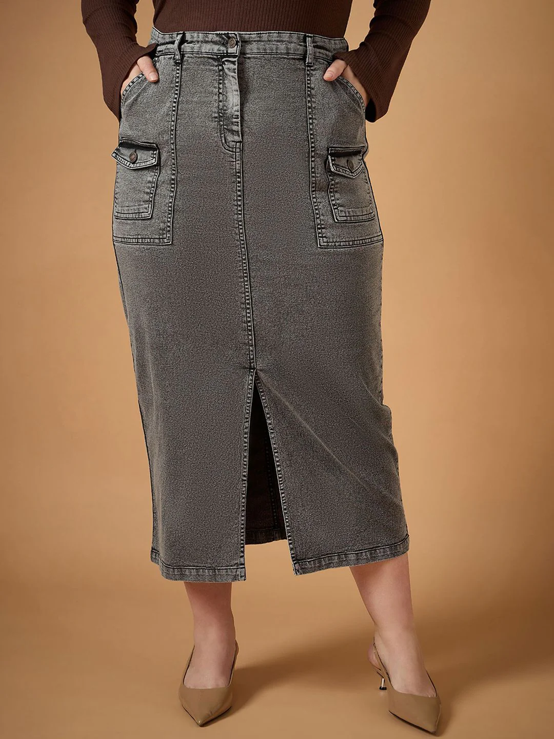 SASSAFRAS Curve Denim Front Slit Midi Skirt