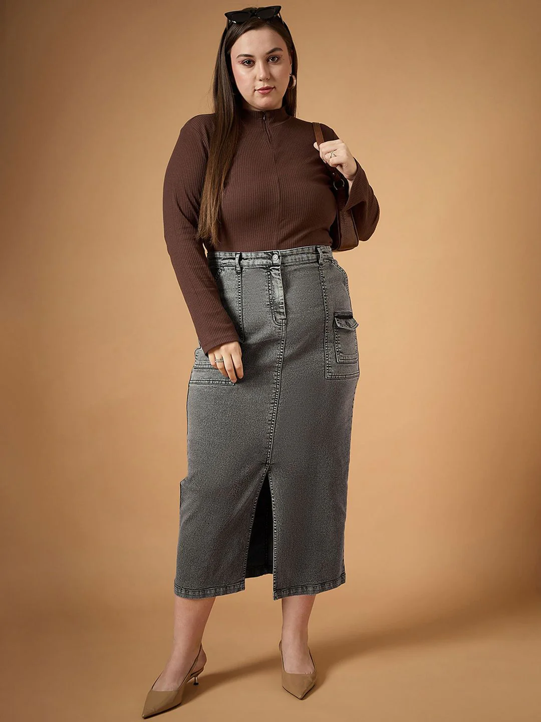 SASSAFRAS Curve Denim Front Slit Midi Skirt - Image 4