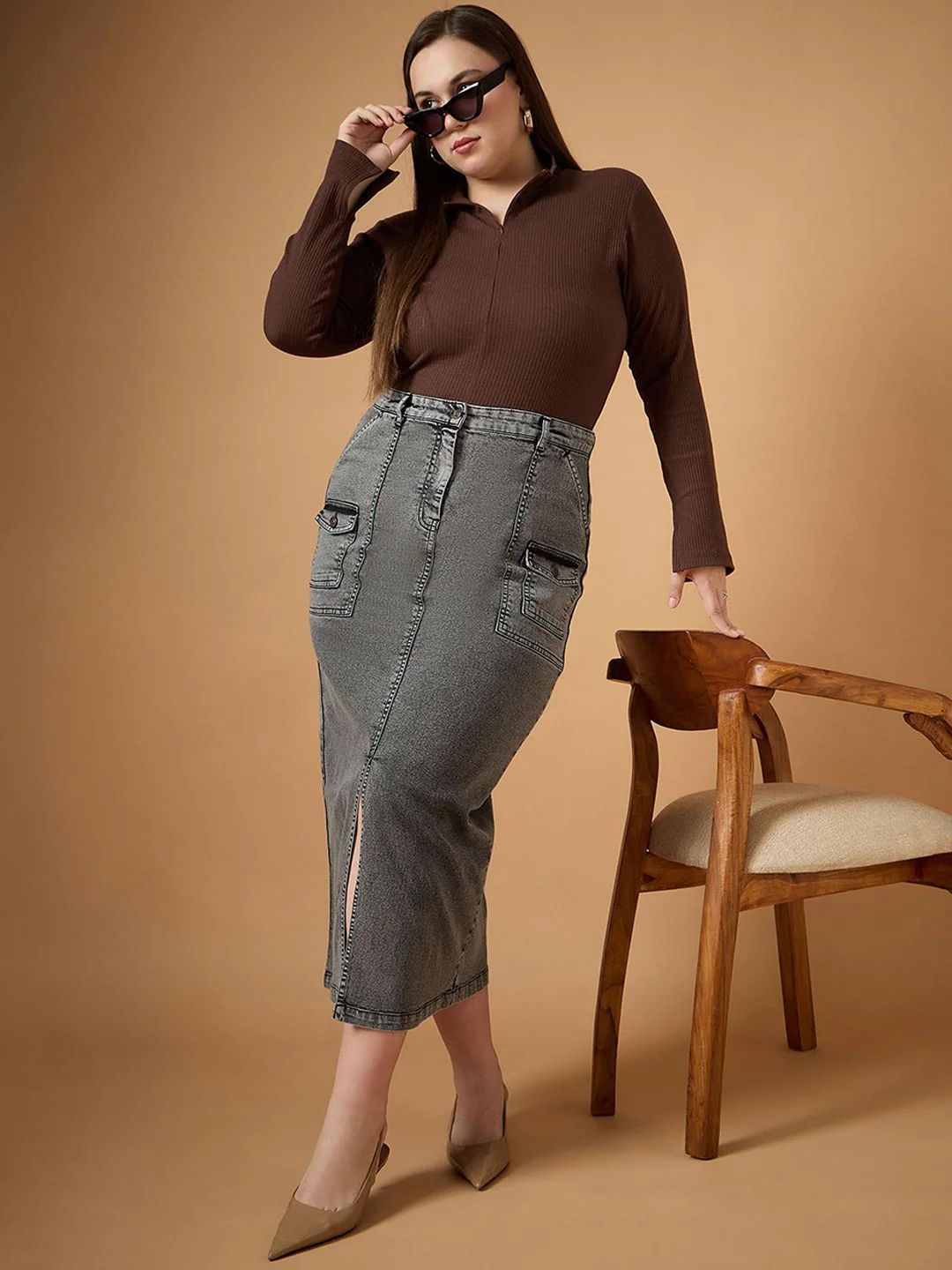 SASSAFRAS Curve Denim Front Slit Midi Skirt - Image 5