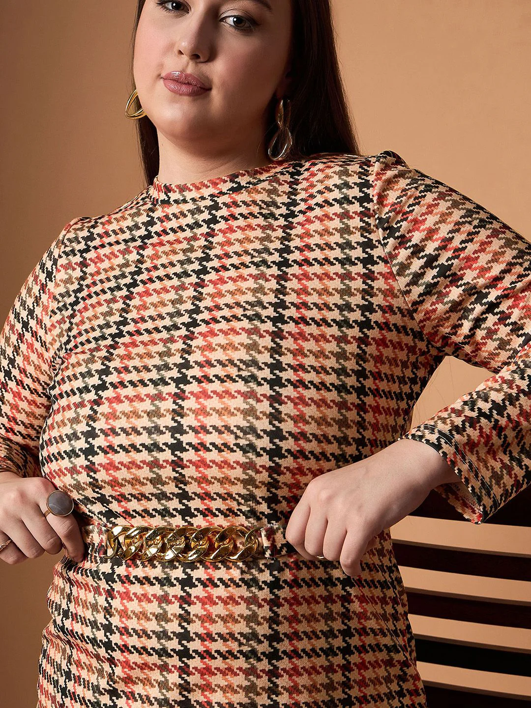 SASSAFRAS Curve Embellished Checked Sheath Dress - Image 3